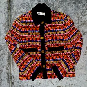 ZARA TEXTURED CARDIGAN JACKET CROPPED BLAZER W METAL BUTTONS